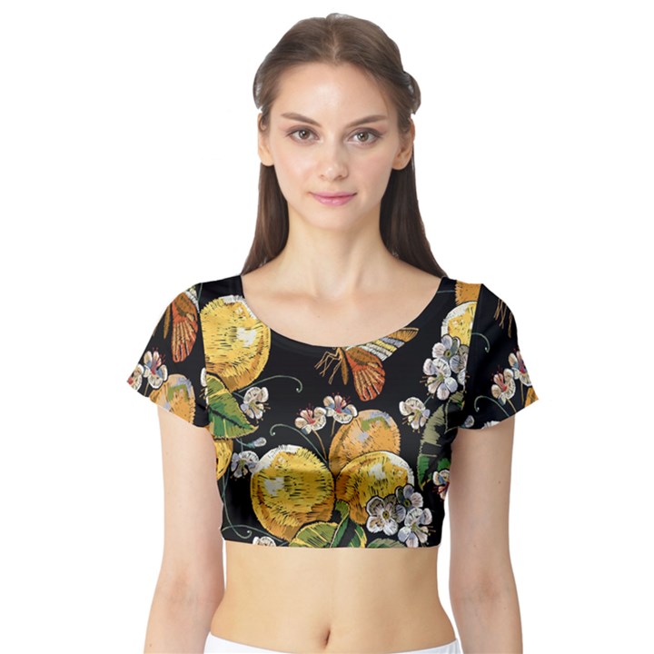 Embroidery Blossoming Lemons Butterfly Seamless Pattern Short Sleeve Crop Top