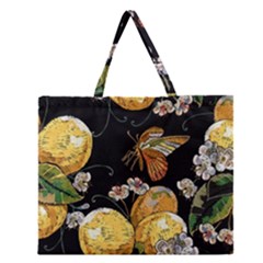 Embroidery Blossoming Lemons Butterfly Seamless Pattern Zipper Large Tote Bag by Ket1n9