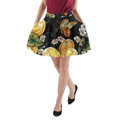 Embroidery Blossoming Lemons Butterfly Seamless Pattern A-line Pocket Skirt by Ket1n9