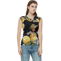 Embroidery Blossoming Lemons Butterfly Seamless Pattern Women s Raglan Cap Sleeve T-shirt by Ket1n9