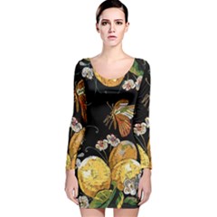 Embroidery Blossoming Lemons Butterfly Seamless Pattern Long Sleeve Velvet Bodycon Dress