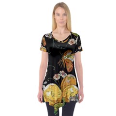 Embroidery Blossoming Lemons Butterfly Seamless Pattern Short Sleeve Tunic  by Ket1n9