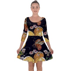 Embroidery Blossoming Lemons Butterfly Seamless Pattern Quarter Sleeve Skater Dress by Ket1n9