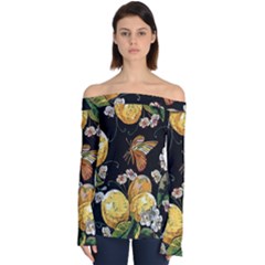 Embroidery Blossoming Lemons Butterfly Seamless Pattern Off Shoulder Long Sleeve Top by Ket1n9