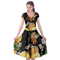 Embroidery Blossoming Lemons Butterfly Seamless Pattern Cap Sleeve Wrap Front Dress by Ket1n9