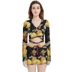 Embroidery Blossoming Lemons Butterfly Seamless Pattern Velvet Wrap Crop Top And Shorts Set by Ket1n9