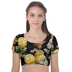 Embroidery Blossoming Lemons Butterfly Seamless Pattern Velvet Short Sleeve Crop Top  by Ket1n9