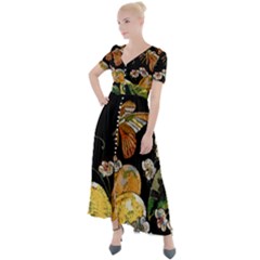 Embroidery Blossoming Lemons Butterfly Seamless Pattern Button Up Short Sleeve Maxi Dress by Ket1n9