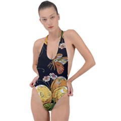 Embroidery Blossoming Lemons Butterfly Seamless Pattern Backless Halter One Piece Swimsuit by Ket1n9