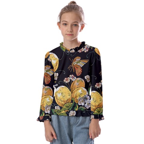 Embroidery Blossoming Lemons Butterfly Seamless Pattern Kids  Frill Detail T-shirt by Ket1n9