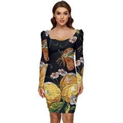 Embroidery Blossoming Lemons Butterfly Seamless Pattern Women Long Sleeve Ruched Stretch Jersey Dress by Ket1n9