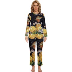 Embroidery Blossoming Lemons Butterfly Seamless Pattern Womens  Long Sleeve Lightweight Pajamas Set by Ket1n9