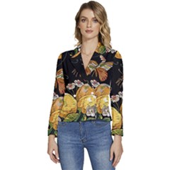 Embroidery Blossoming Lemons Butterfly Seamless Pattern Women s Long Sleeve Revers Collar Cropped Jacket by Ket1n9