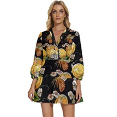 Embroidery Blossoming Lemons Butterfly Seamless Pattern V-neck Placket Mini Dress by Ket1n9