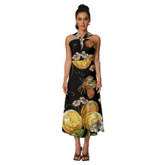 Embroidery Blossoming Lemons Butterfly Seamless Pattern Sleeveless Cross Front Cocktail Midi Chiffon Dress by Ket1n9