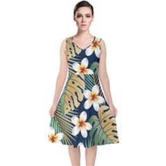 Seamless Pattern With Tropical Strelitzia Flowers Leaves Exotic Background V-neck Midi Sleeveless Dress  by Ket1n9