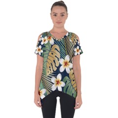 Seamless Pattern With Tropical Strelitzia Flowers Leaves Exotic Background Cut Out Side Drop T-shirt by Ket1n9