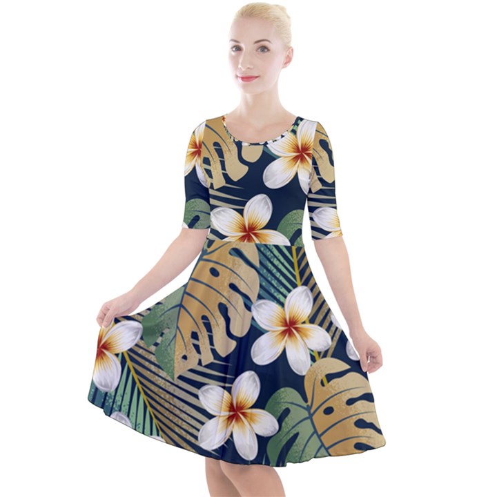 Seamless Pattern With Tropical Strelitzia Flowers Leaves Exotic Background Quarter Sleeve A-Line Dress