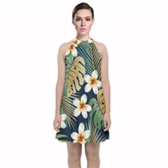 Seamless Pattern With Tropical Strelitzia Flowers Leaves Exotic Background Velvet Halter Neckline Dress 