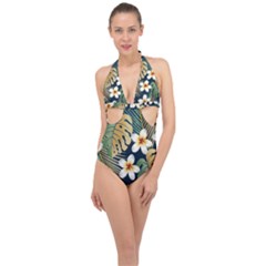 Seamless Pattern With Tropical Strelitzia Flowers Leaves Exotic Background Halter Front Plunge Swimsuit by Ket1n9