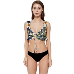 Seamless Pattern With Tropical Strelitzia Flowers Leaves Exotic Background Low Cut Ruffle Edge Bikini Top