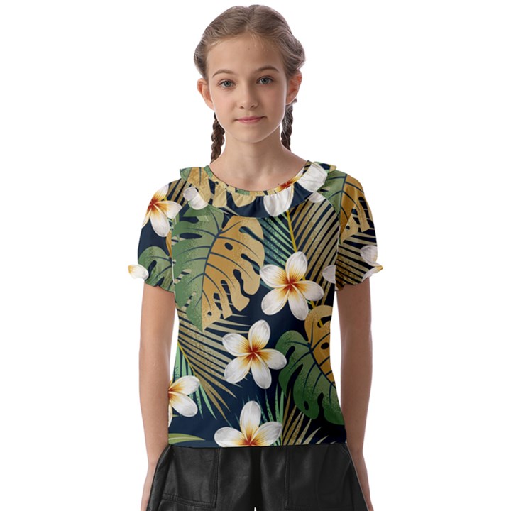 Seamless Pattern With Tropical Strelitzia Flowers Leaves Exotic Background Kids  Frill Chiffon Blouse