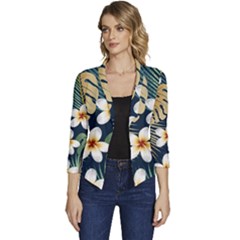 Seamless Pattern With Tropical Strelitzia Flowers Leaves Exotic Background Women s Casual 3/4 Sleeve Spring Jacket by Ket1n9