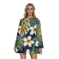 Seamless Pattern With Tropical Strelitzia Flowers Leaves Exotic Background Round Neck Long Sleeve Bohemian Style Chiffon Mini Dress by Ket1n9