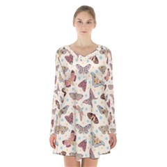 Pattern With Butterflies Moths Long Sleeve Velvet V-neck Dress by Ket1n9