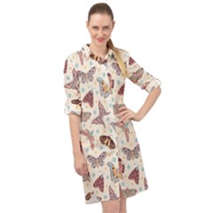 Pattern With Butterflies Moths Long Sleeve Mini Shirt Dress by Ket1n9