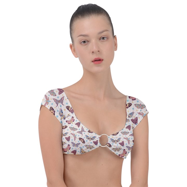 Pattern With Butterflies Moths Cap Sleeve Ring Bikini Top