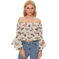 Pattern With Butterflies Moths Off Shoulder Flutter Bell Sleeve Top by Ket1n9