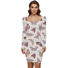 Pattern With Butterflies Moths Women Long Sleeve Ruched Stretch Jersey Dress by Ket1n9