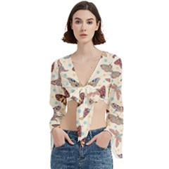 Pattern With Butterflies Moths Trumpet Sleeve Cropped Top