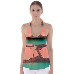 Brown Mountain Illustration Sunset Digital Art Mountains Tie Back Tankini Top by Cendanart