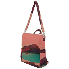 Brown Mountain Illustration Sunset Digital Art Mountains Crossbody Backpack by Cendanart