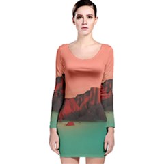 Brown Mountain Illustration Sunset Digital Art Mountains Long Sleeve Velvet Bodycon Dress