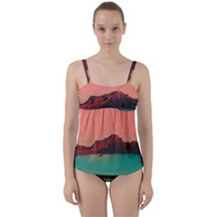 Brown Mountain Illustration Sunset Digital Art Mountains Twist Front Tankini Set