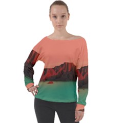 Brown Mountain Illustration Sunset Digital Art Mountains Off Shoulder Long Sleeve Velour Top