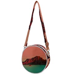 Brown Mountain Illustration Sunset Digital Art Mountains Crossbody Circle Bag by Cendanart