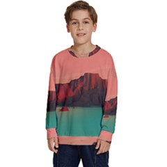 Brown Mountain Illustration Sunset Digital Art Mountains Kids  Crewneck Sweatshirt by Cendanart