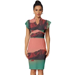 Brown Mountain Illustration Sunset Digital Art Mountains Vintage Frill Sleeve V-neck Bodycon Dress