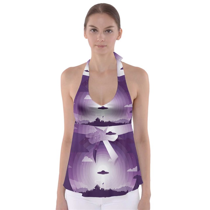 Ufo Illustration Style Minimalism Silhouette Tie Back Tankini Top