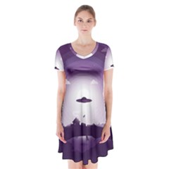 Ufo Illustration Style Minimalism Silhouette Short Sleeve V-neck Flare Dress by Cendanart