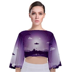 Ufo Illustration Style Minimalism Silhouette Tie Back Butterfly Sleeve Chiffon Top by Cendanart