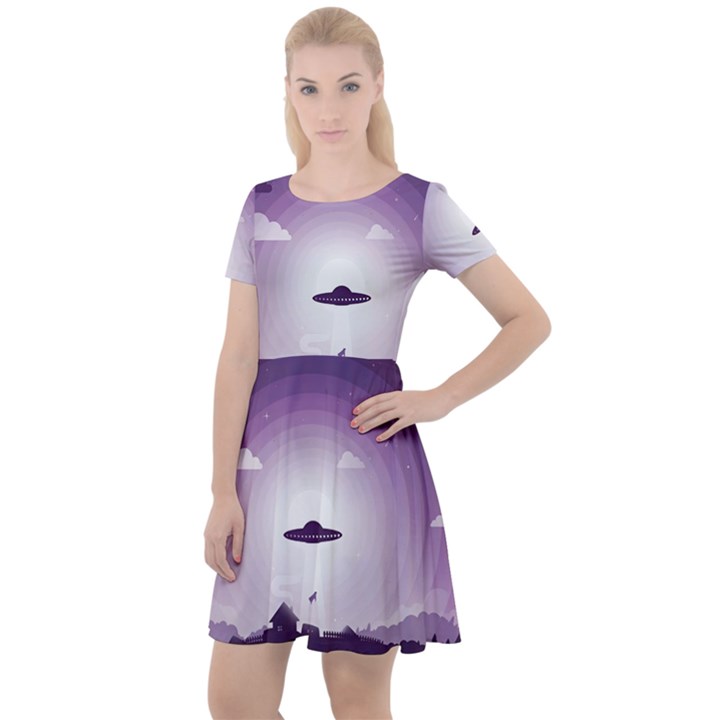 Ufo Illustration Style Minimalism Silhouette Cap Sleeve Velour Dress 