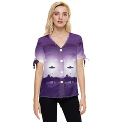 Ufo Illustration Style Minimalism Silhouette Bow Sleeve Button Up Top by Cendanart