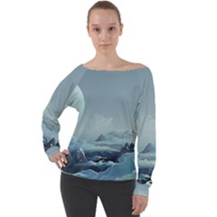 Mountain Covered Snow Mountains Clouds Fantasy Art Off Shoulder Long Sleeve Velour Top