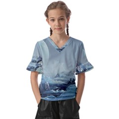 Mountain Covered Snow Mountains Clouds Fantasy Art Kids  V-neck Horn Sleeve Blouse by Cendanart