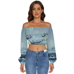 Mountain Covered Snow Mountains Clouds Fantasy Art Long Sleeve Crinkled Weave Crop Top